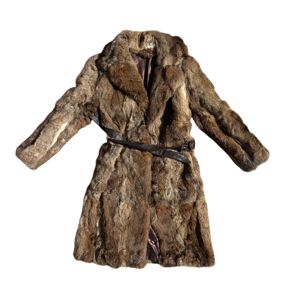 Vintage Brown Real Rabbit Fur Long Trench Coat with Leather Belt Wrap Jacket